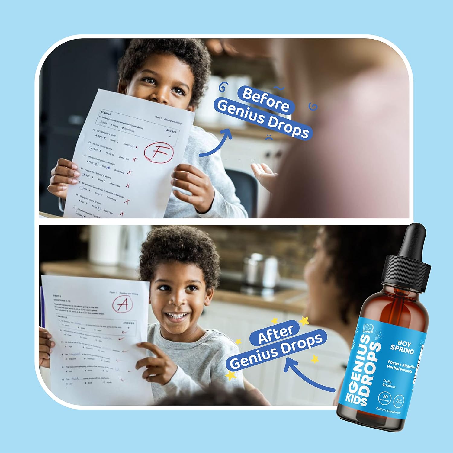 JoySpring Genius Drops Brain Supplement for Kids and SleepBerry Melatonin for Kids with Elderberry - Liquid Melatonin for Kids Sleep Support
