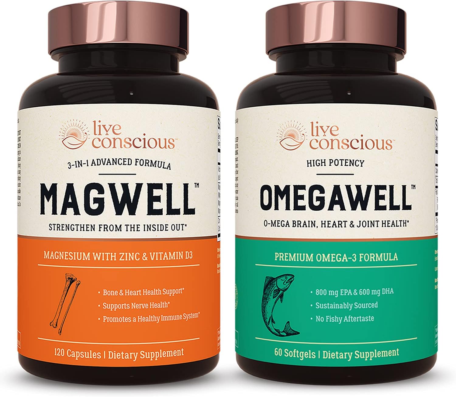 Live Conscious OmegaWell Fish Oil  MagWell Magnesium Zinc  Vitamin D3 | Bone  Heart Health, Immune System Support + Heart, Brain  Joint Support