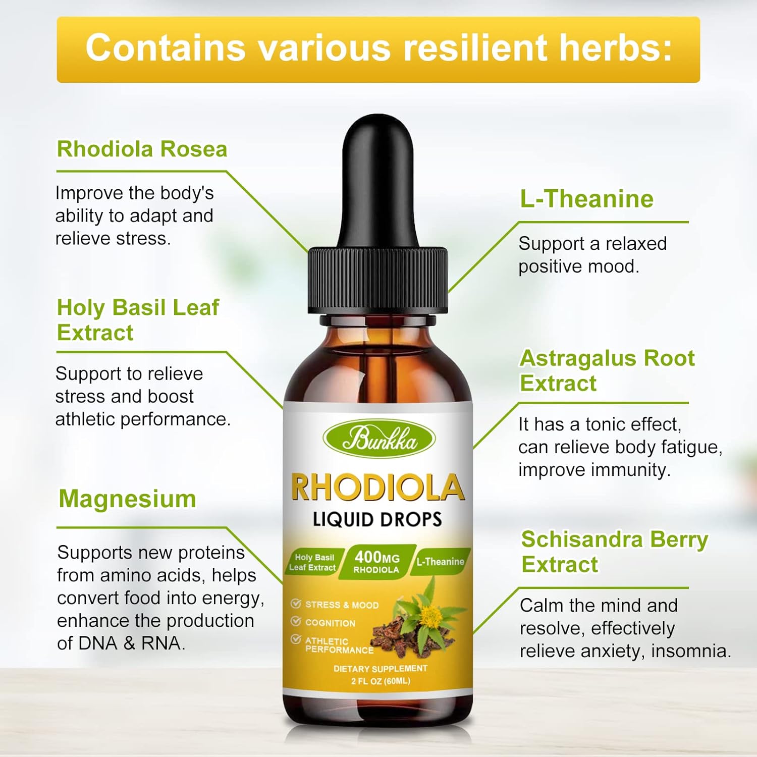 Bunkka (2 Pack) Rhodiola Rosea - Rhodiola Root Extract with Natural Rhodiola, L-Theanine, Magnesium  More - Liquid Drops Supplement for Better Absorption, Supports Energy，Stress  Mood, 120 Servings