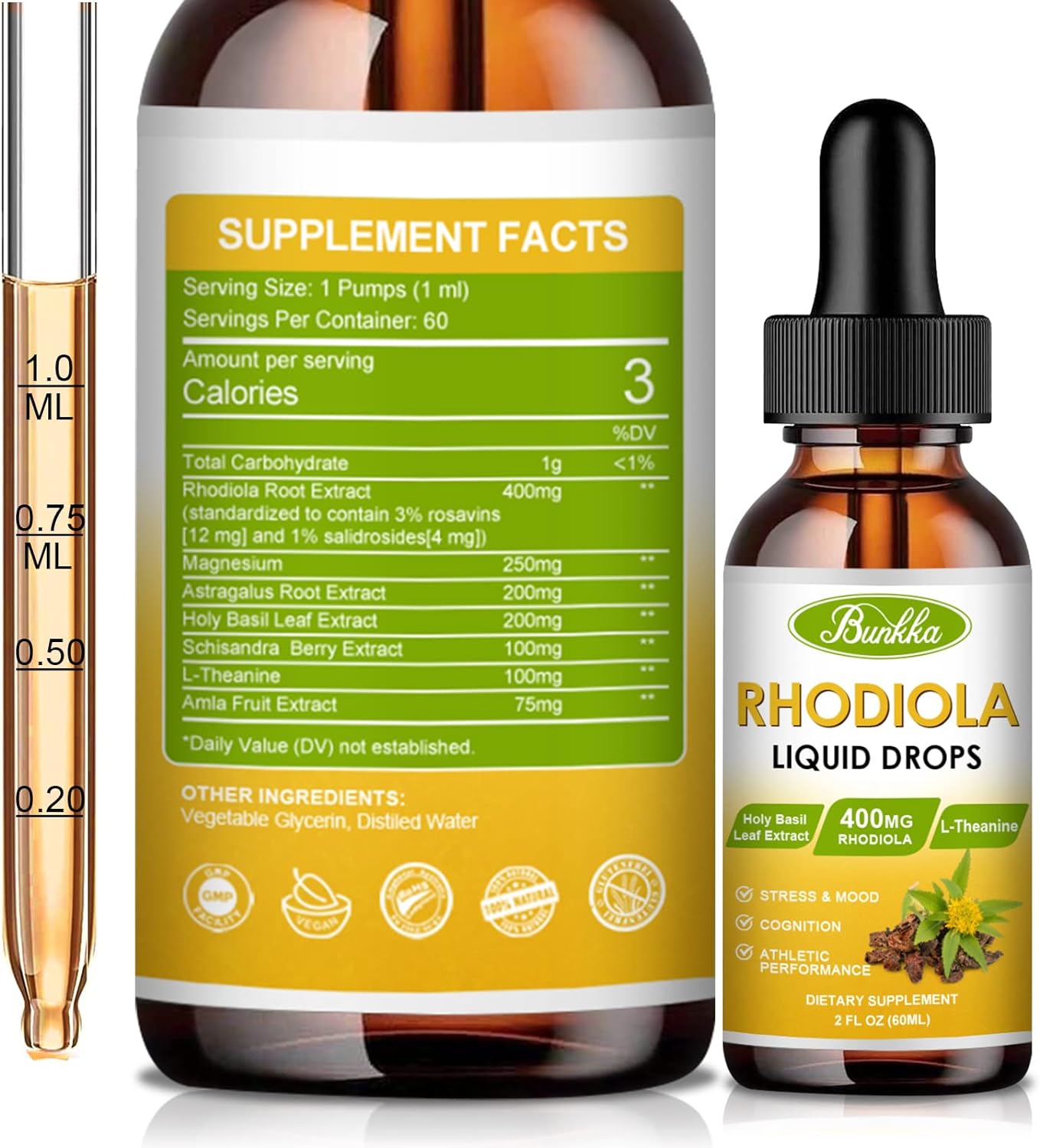 Bunkka (2 Pack) Rhodiola Rosea - Rhodiola Root Extract with Natural Rhodiola, L-Theanine, Magnesium  More - Liquid Drops Supplement for Better Absorption, Supports Energy，Stress  Mood, 120 Servings