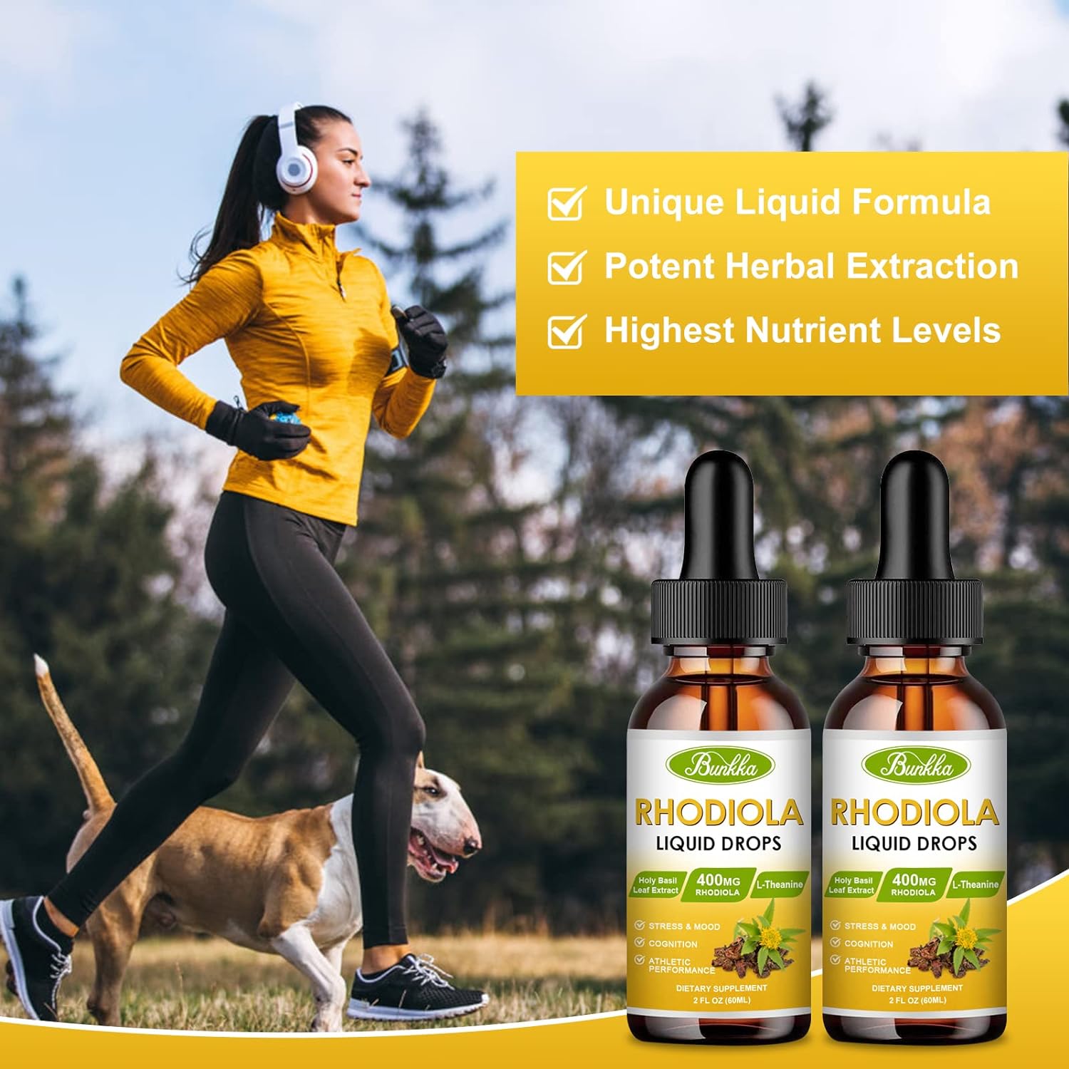 Bunkka (2 Pack) Rhodiola Rosea - Rhodiola Root Extract with Natural Rhodiola, L-Theanine, Magnesium  More - Liquid Drops Supplement for Better Absorption, Supports Energy，Stress  Mood, 120 Servings