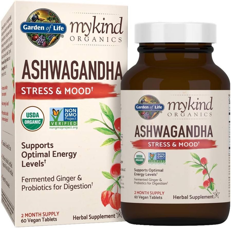 Garden of Life Organic Ashwagandha Stress, Mood  Energy Support Supplement with Probiotics  Ginger Root for Digestion - mykind Organics - Vegan, Gluten Free, Non GMO – 2 Month Supply, 60 Tablets