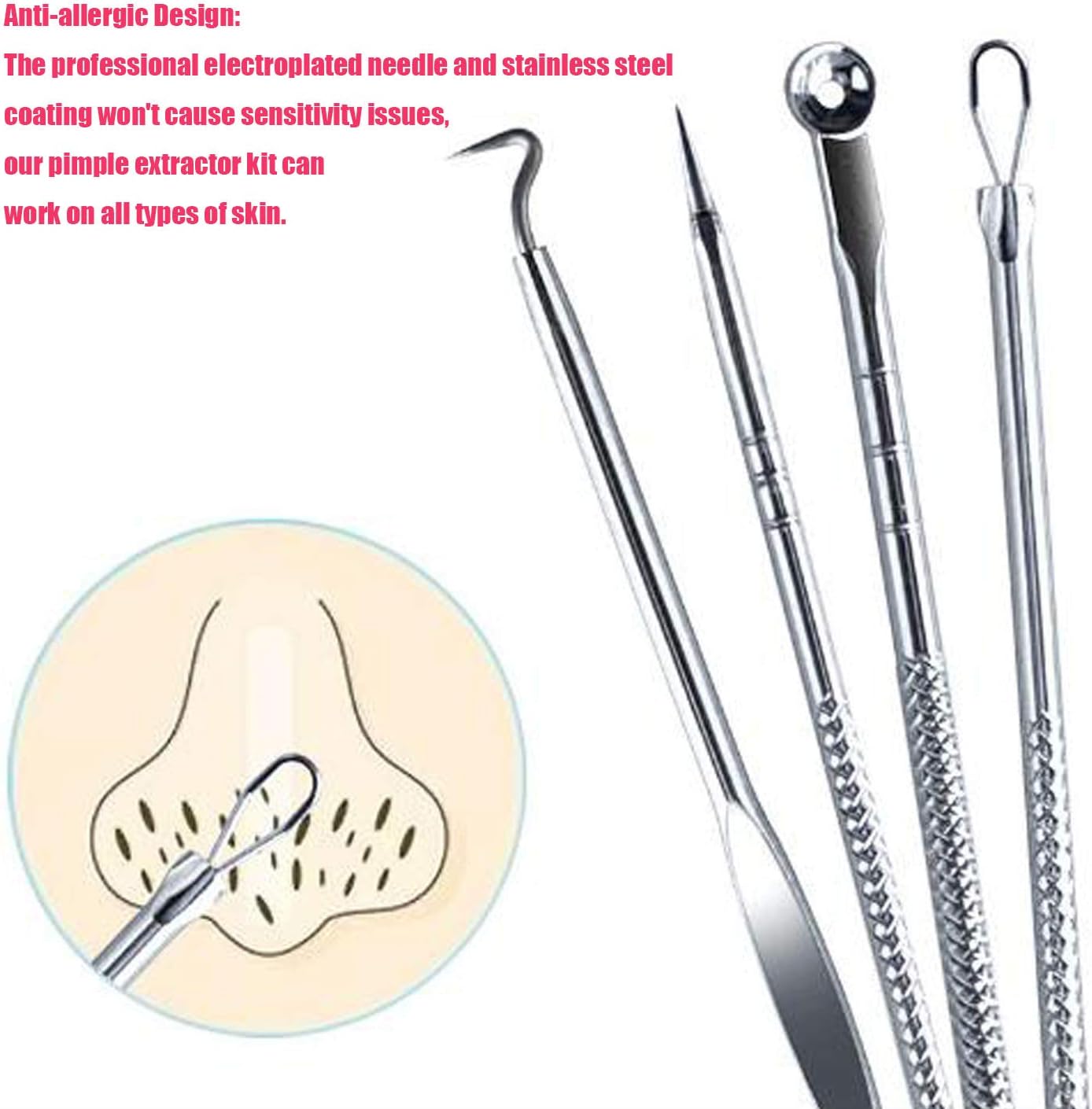 Blackhead Remover Pimple Comedone Extractor Tool Best Acne Removal Kit - Treatment for Blemish, Whitehead Popping, Zit Removing for Nose Face Skin with Case (Sliver, 4 Piece Set)
