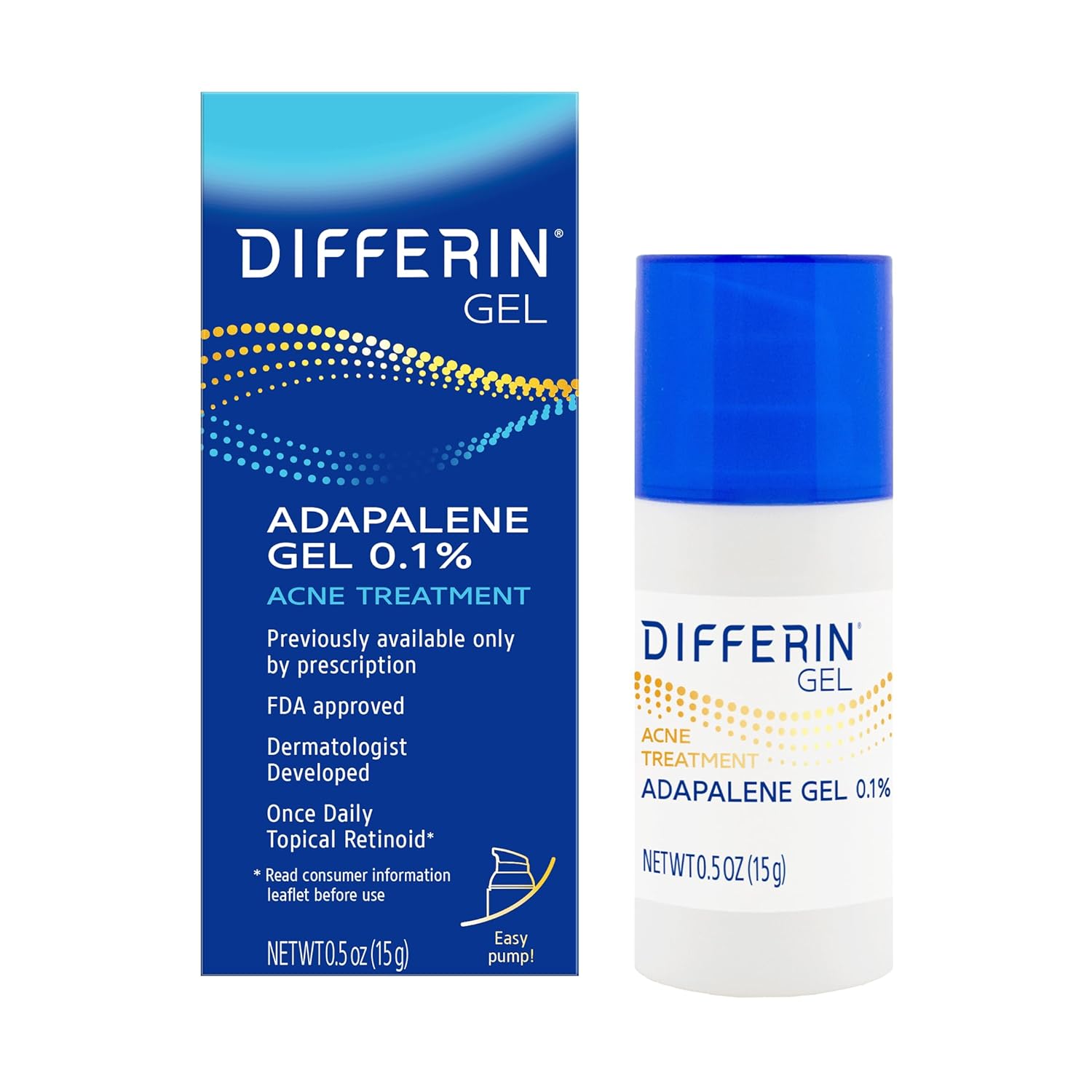 Differin Acne Treatment Gel, 30 Day Supply, Retinoid Treatment for Face with 0.1% Adapalene, Gentle Skin Care for Acne Prone Sensitive Skin, 15g Tube