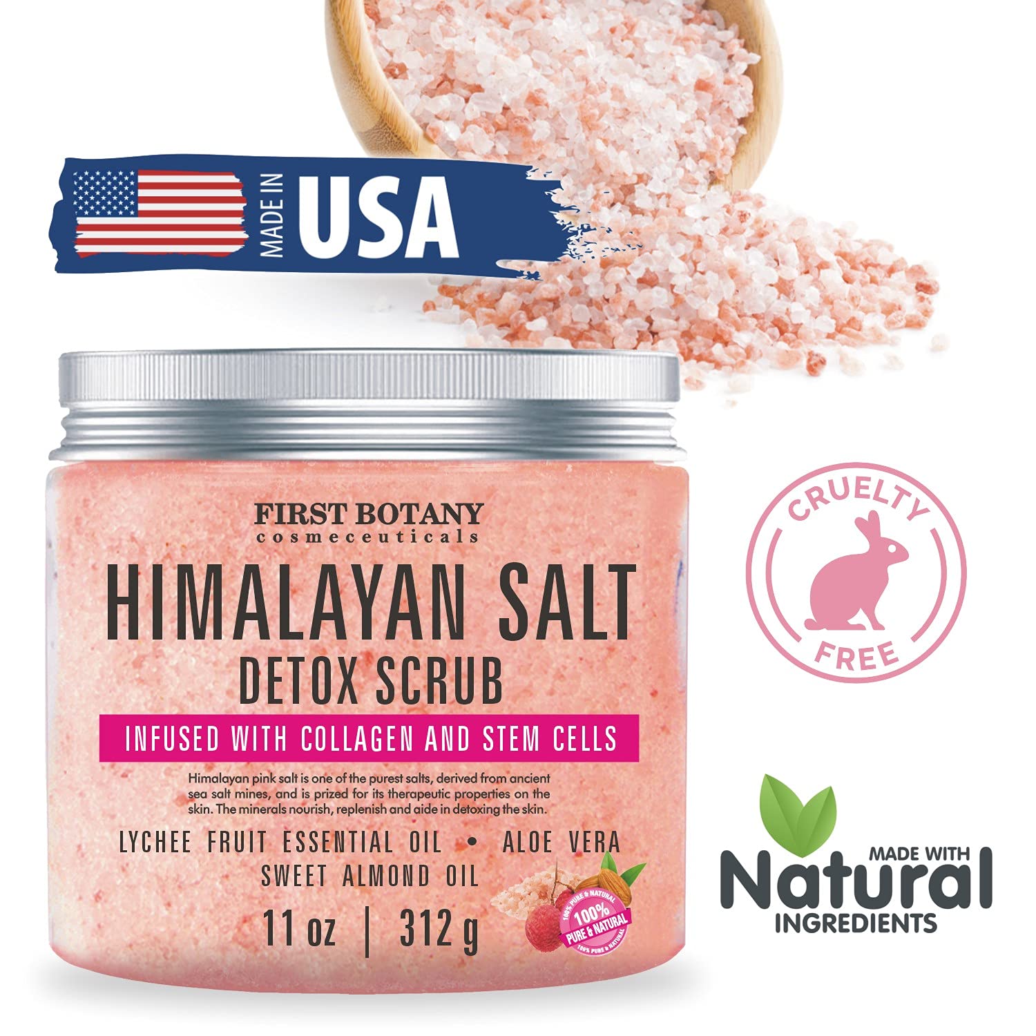 First Botany, Himalayan Salt Body Scrub with Collagen  Stem Cells, Natural Exfoliating Salt Scrub Body  Face Souffle helps with Moisturizing Skin, Acne, Cellulite, Dead Skin Scars, Wrinkles, 11 oz