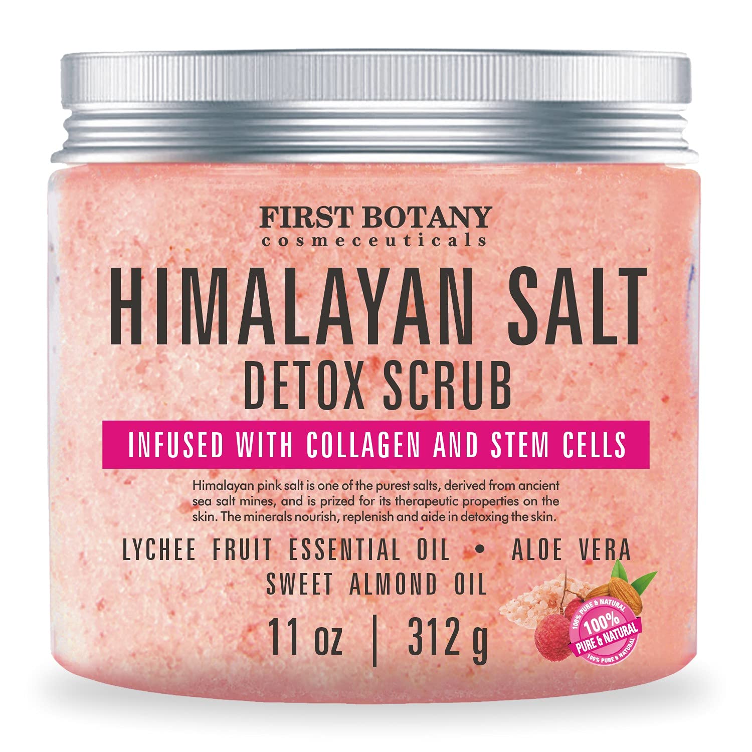 First Botany, Himalayan Salt Body Scrub with Collagen  Stem Cells, Natural Exfoliating Salt Scrub Body  Face Souffle helps with Moisturizing Skin, Acne, Cellulite, Dead Skin Scars, Wrinkles, 11 oz