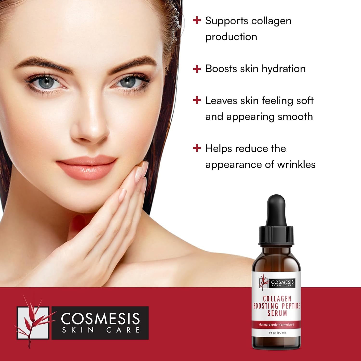 Collagen Boosting Peptide Serum - Synthesizes All Major Collagen Types, Improves Firmness, Smoothness  Reduces Wrinkles - 1 oz. Cosmesis