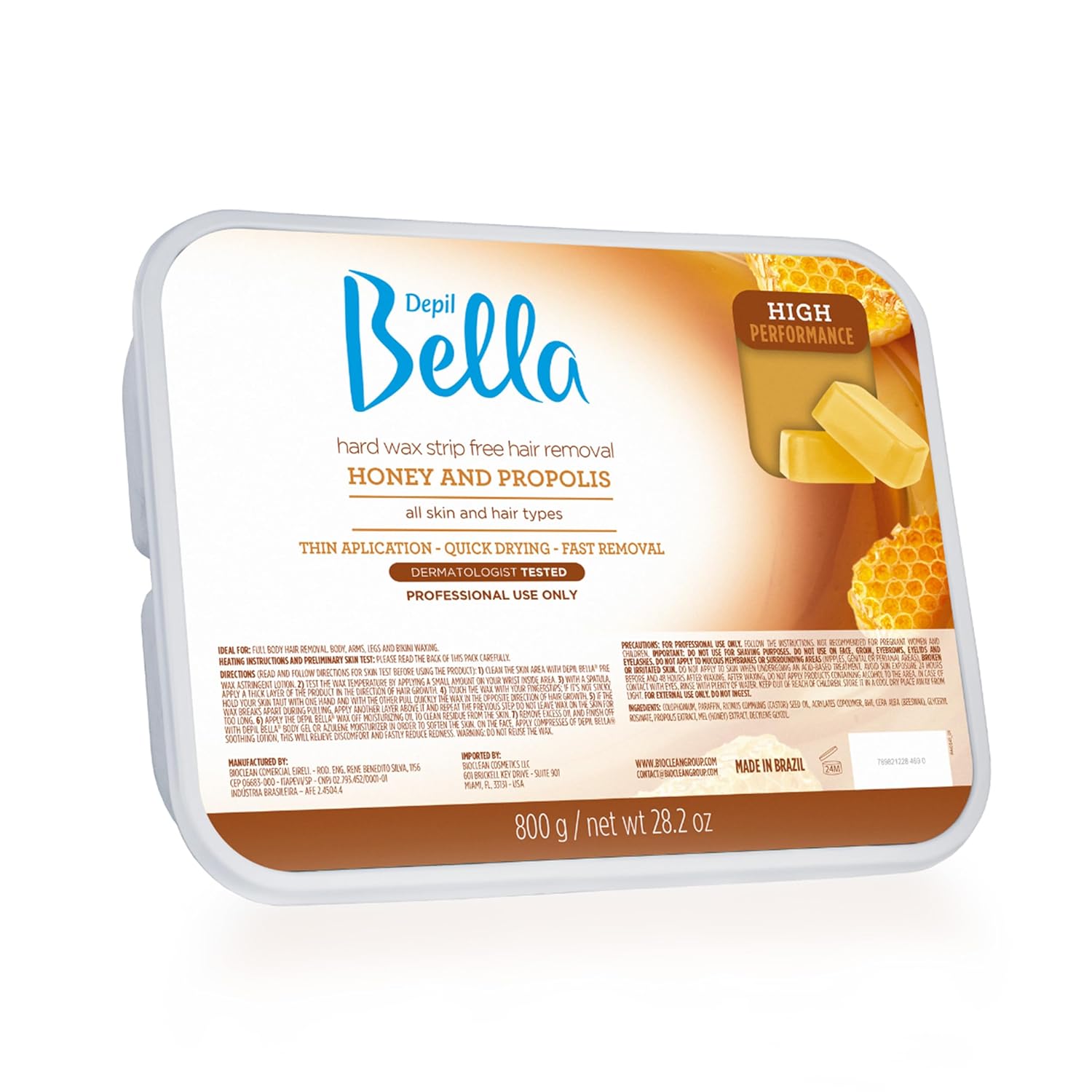 Depil Bella Honey Hard wax for Strip-free Hair Removal, High Performance Hair Removal Wax, Natural Honey Wax with Propolis, Suitable for All Skin Types, 28.2oz