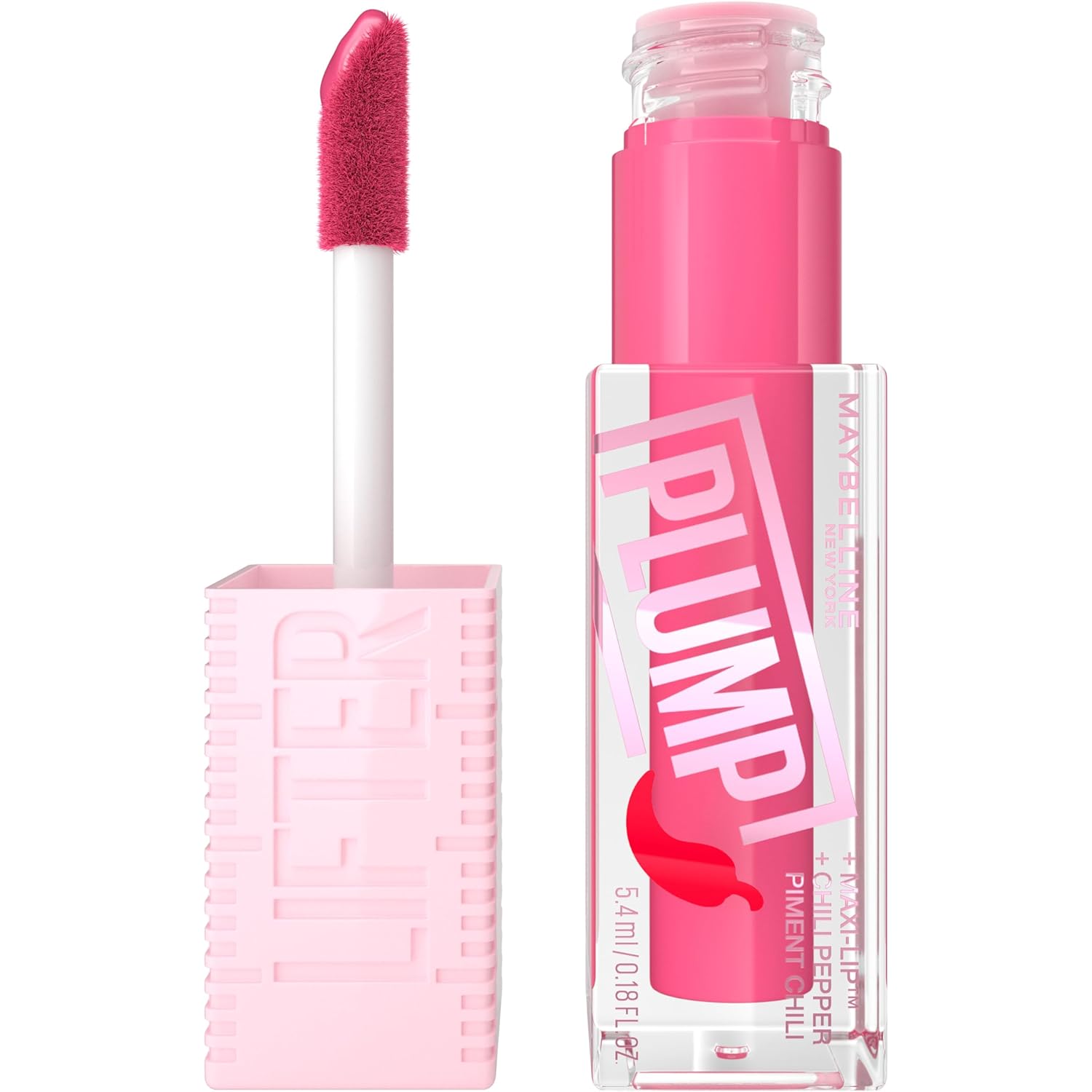 MAYBELLINE Lifter Gloss Lifter Plump, Plumping Lip Gloss with Chili Pepper and 5% Maxi-Lip, Red Flag, Sheer Red, 1 Count