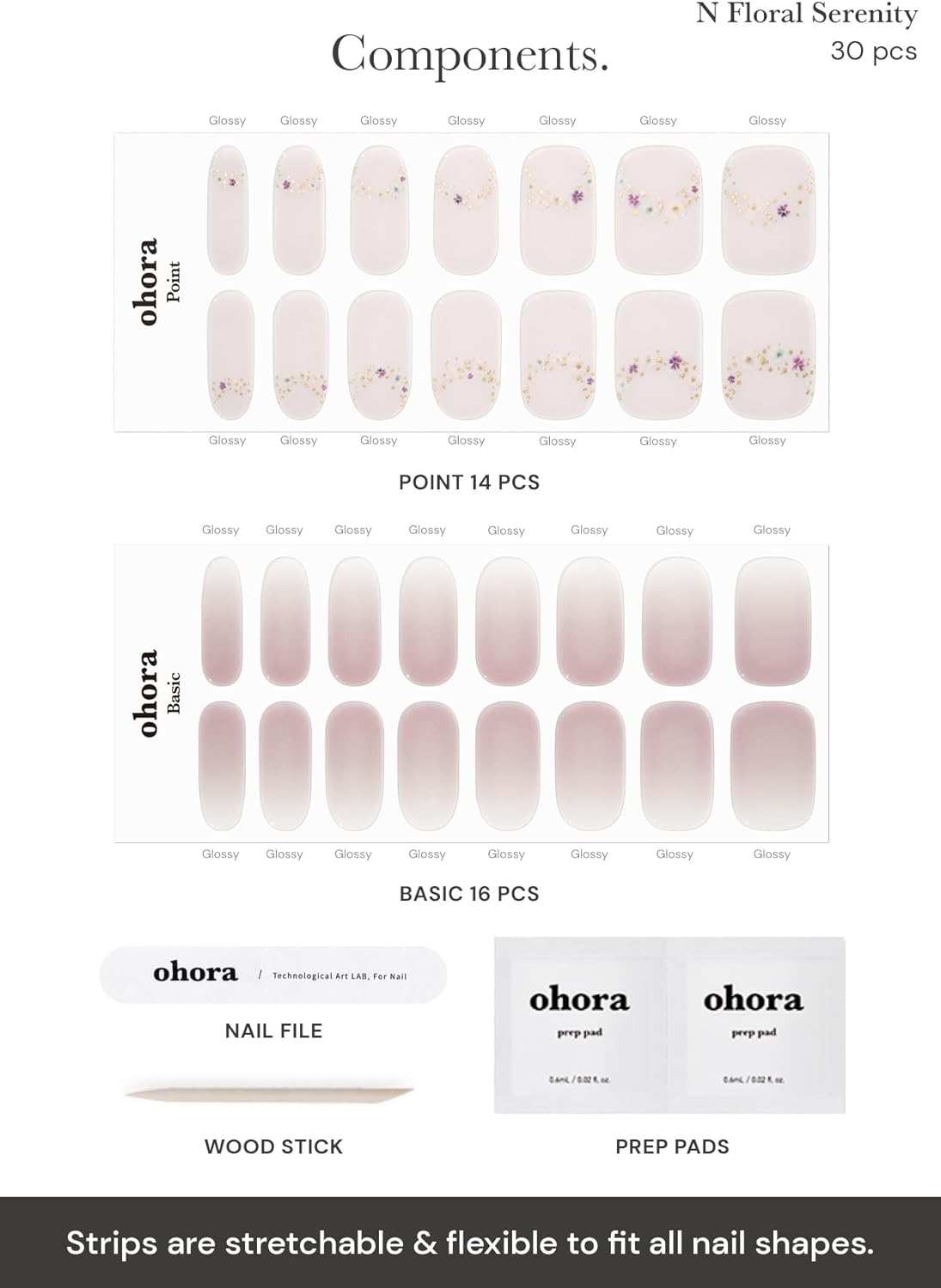 ohora Semi Cured Gel Nail Strips (N Floral Serenity) - Works with Any Nail Lamps, Salon-Quality, Long Lasting, Easy to Apply  Remove - Includes 2 Prep Pads, Nail File  Wooden Stick