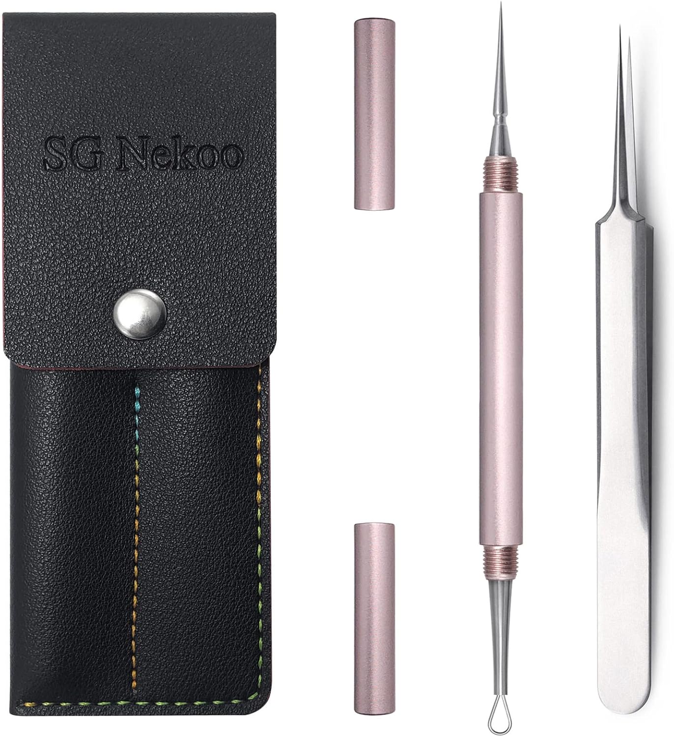 SGNEKOO Professional Facial Milia Removal Tool and Whitehead Extractor, High Grade Stainless Steel Double Ended Needle and Tweezers Kit,Blackhead,Blemish,Zit and Pimple Acne Remover Popper