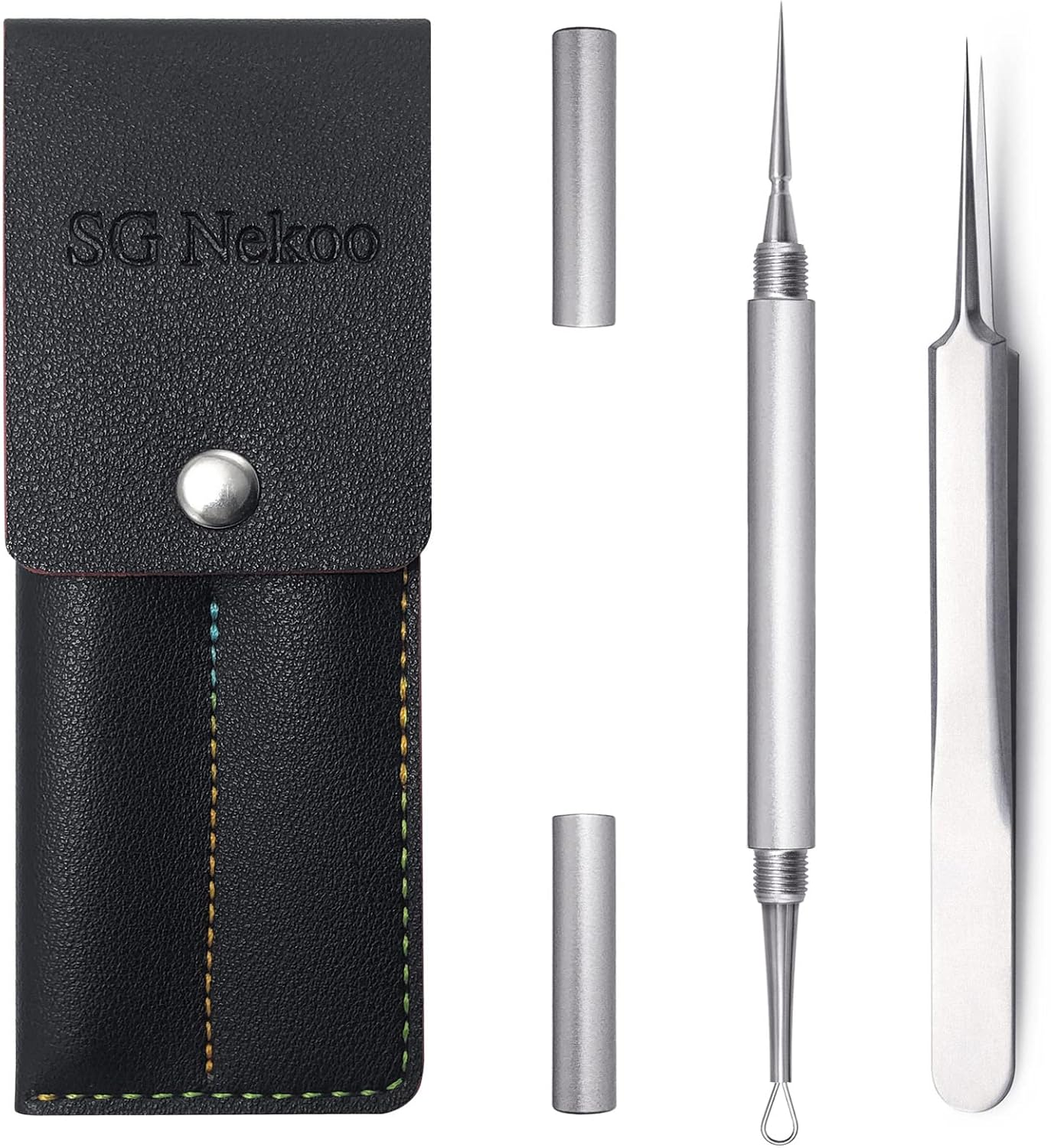 SGNEKOO Professional Facial Milia Removal Tool and Whitehead Extractor, High Grade Stainless Steel Double Ended Needle and Tweezers Kit,Blackhead,Blemish,Zit and Pimple Acne Remover Popper